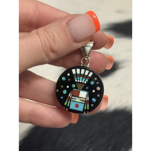 Southwest Jewelry - Native American Sterling Silver Inlaid Turquoise Opal Galaxy Kachina Pendant SM